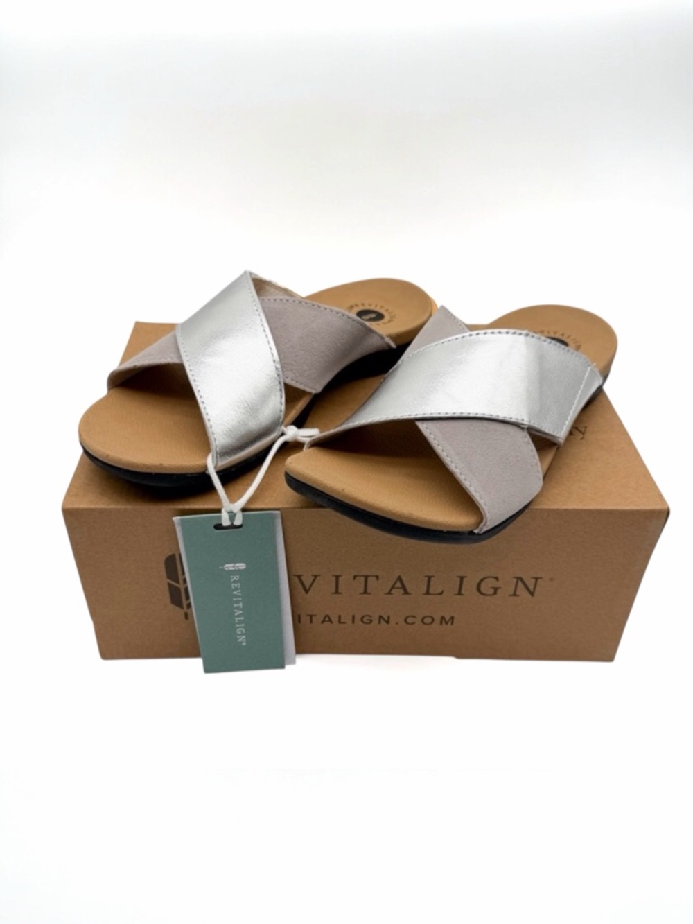 Revitalign Paloma Leather Orthotic Adjustable Cross Band Sandals Silver 6.5 NEW